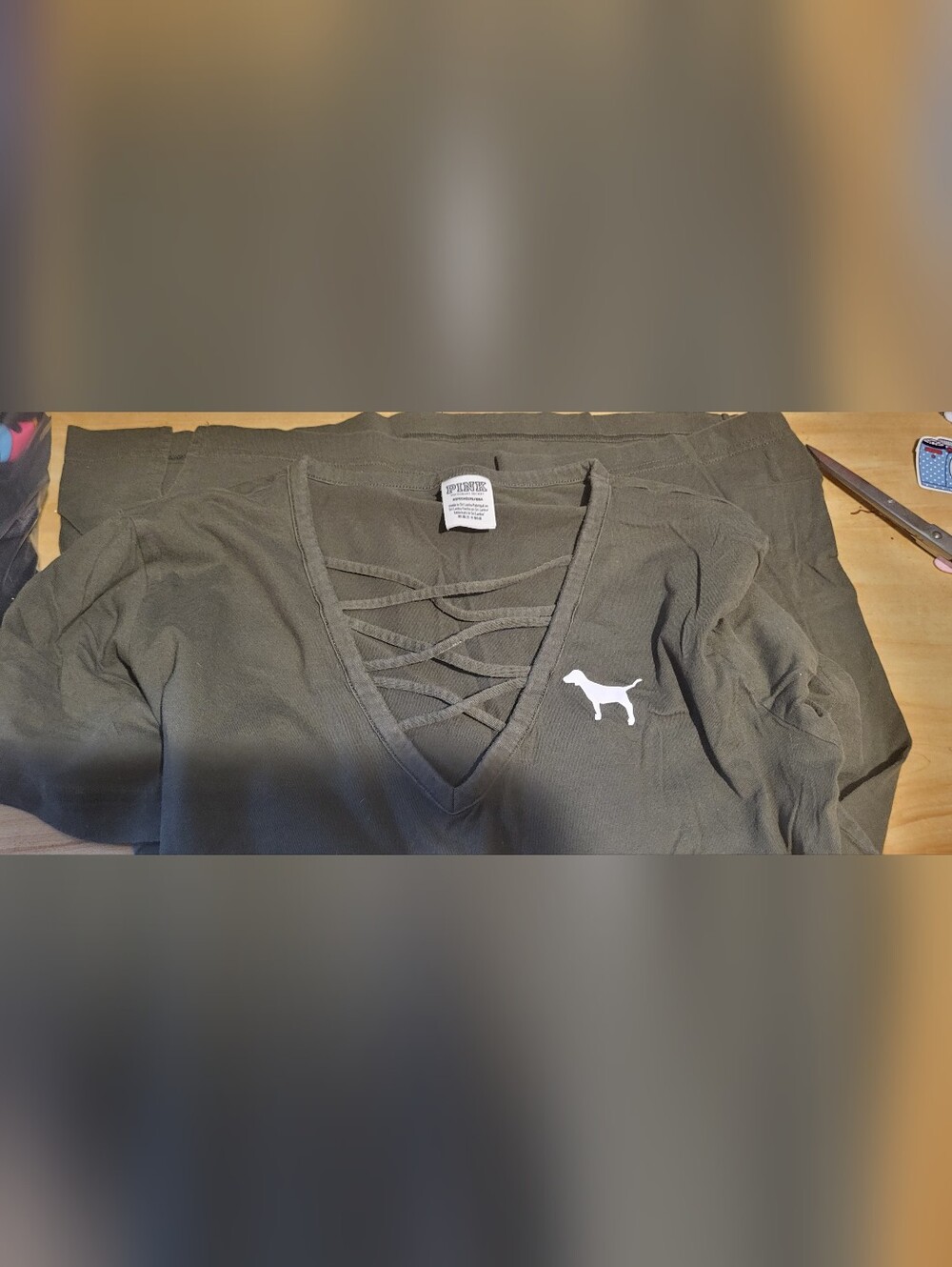 PINK Victoria's Secret Olive Green Crisscross V-Neck Shirt with Dog Logo, RARE!